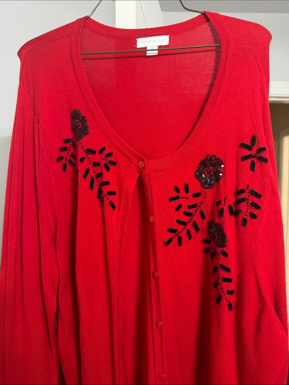 Charter Club Red Sequin Floral Button-Front Cardigan